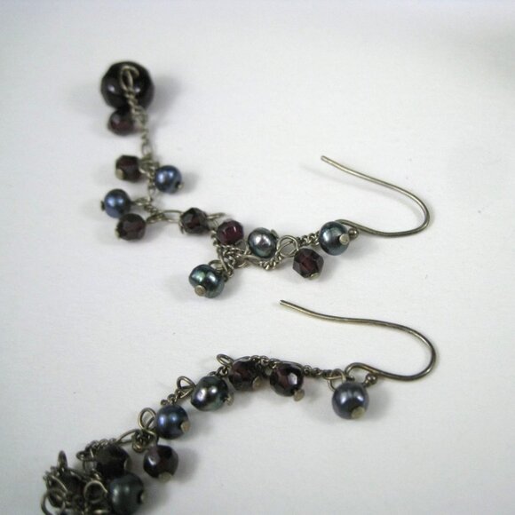 Long Dangling Earrings Garnet Faceted Stone Beads Pearls Silver Chain Dangle - Picture 9 of 9